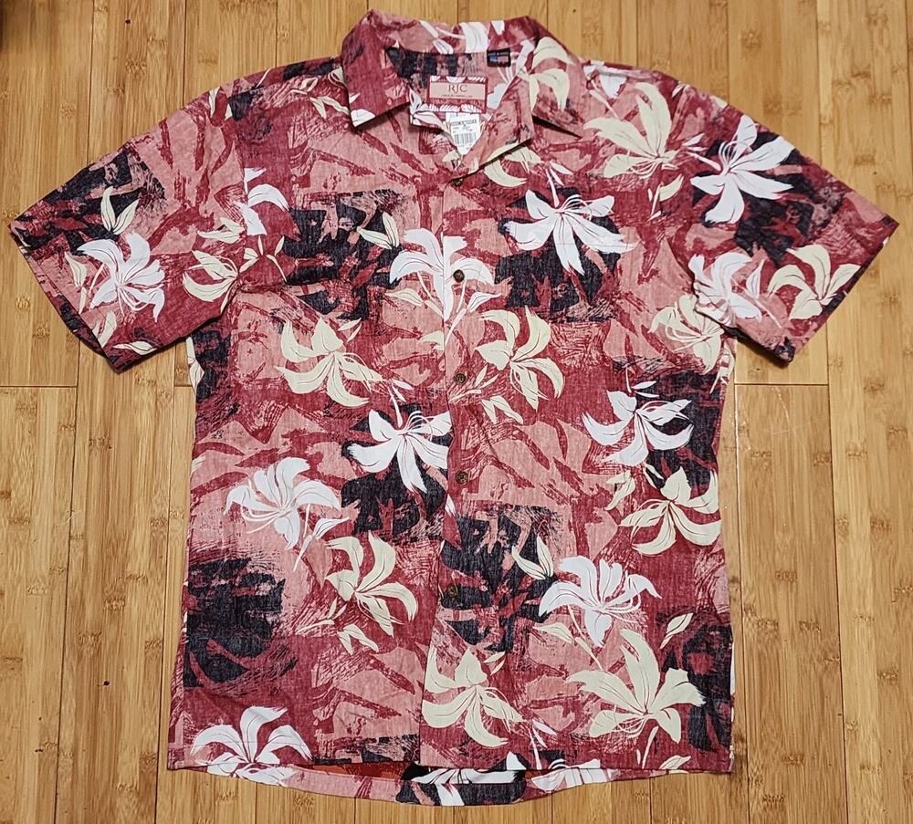 NWT RJC Hawaiian Shirt Men's L Red Floral Tropical Reverse Print Vacation Cruise